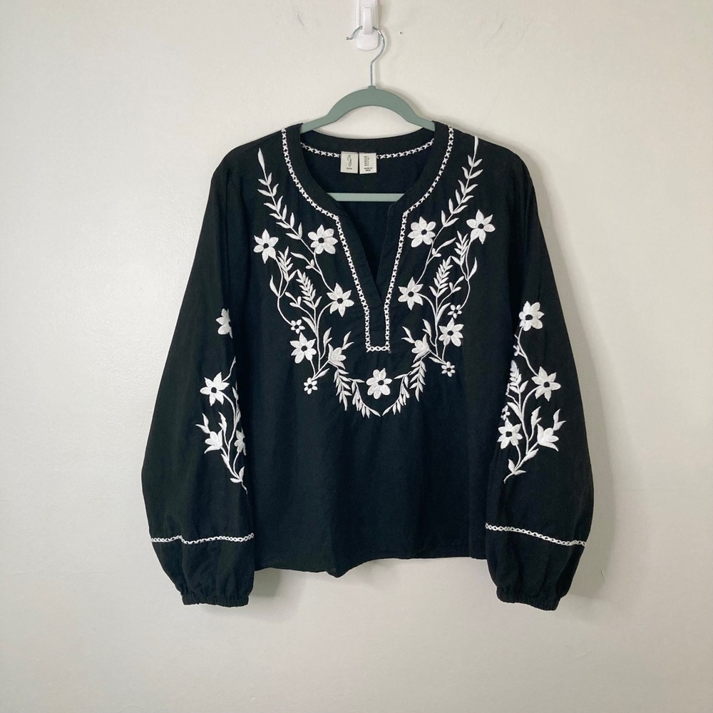 Joie Black White Floral Embroidered Cotton Linen Peasant Blouse L Boho Cottage